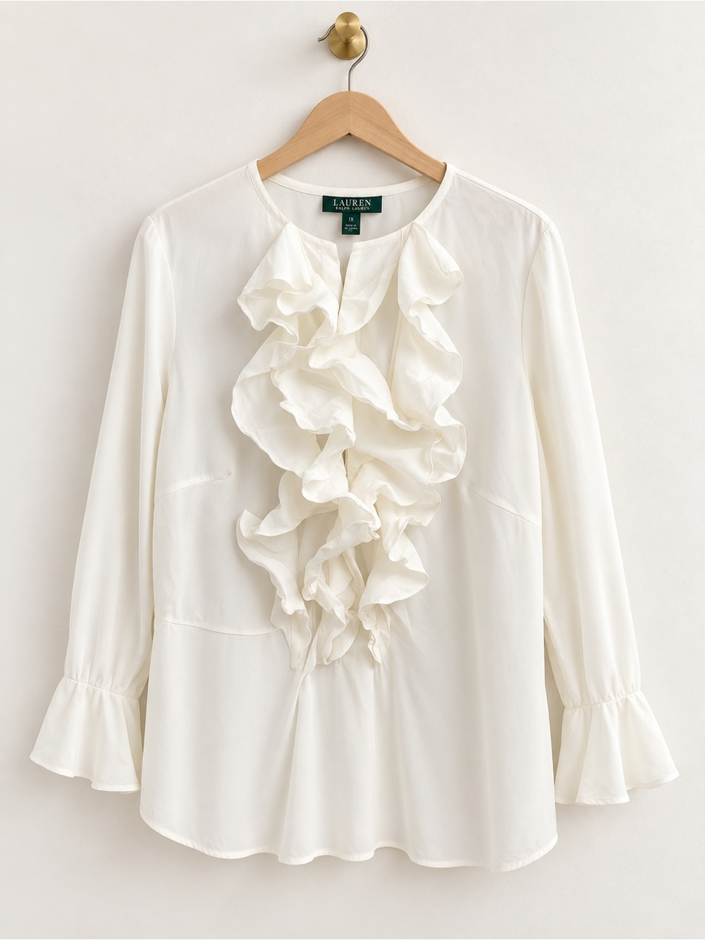 Lauren Ralph Lauren 100% Silk Ruffle Blouse Ivory Size 18W Plus